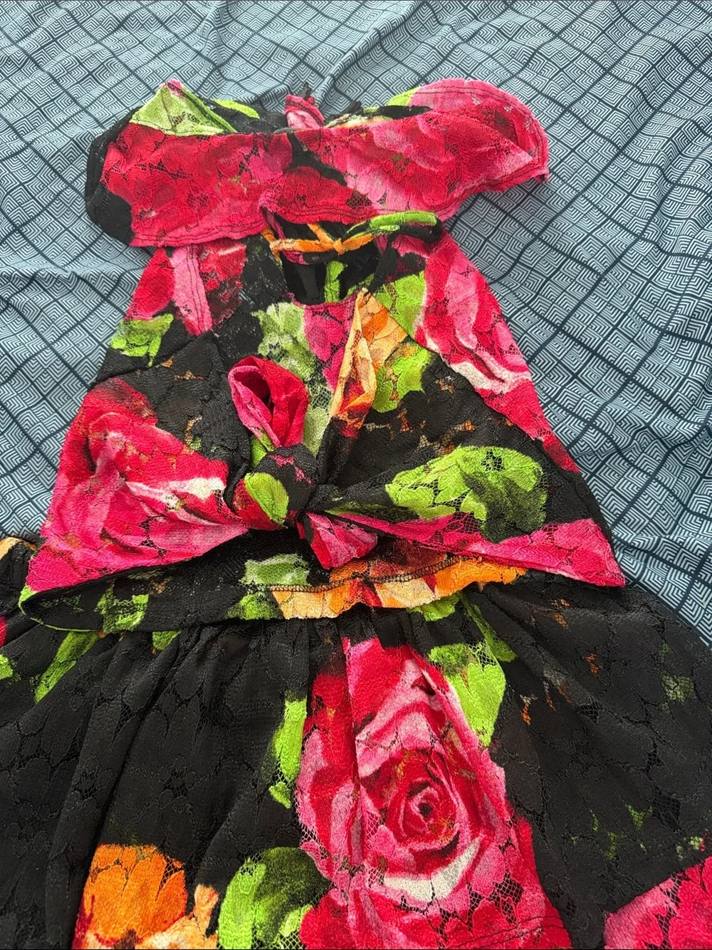 Fashion Nova Black Floral Lace Tiered Skirt with Pink, Green & Orange Roses